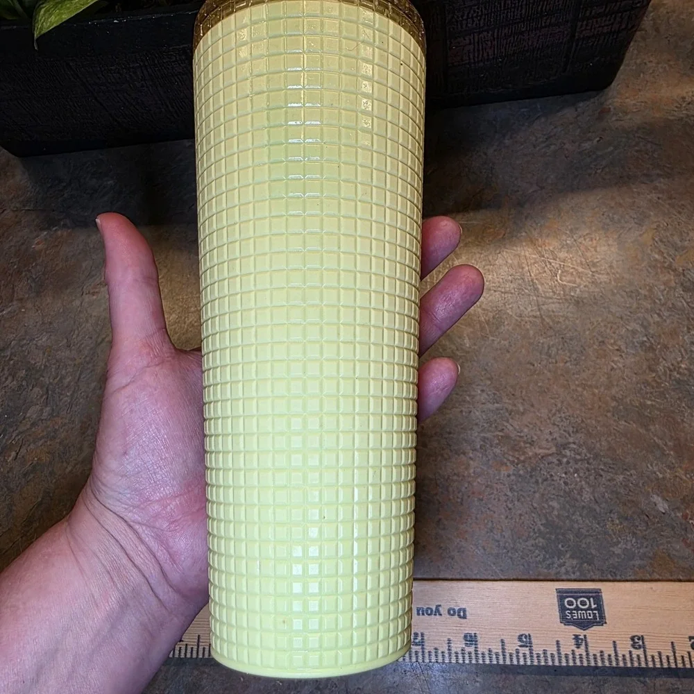 NEW Starbucks 24 oz Meadow Yellow Soft Touch Grid Tumbler Cold Cup Coffee
